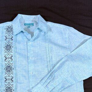 Cancumisa Men's Long Sleeve Button Up Shirt 40(M) Blue, Embroidered, Cuban